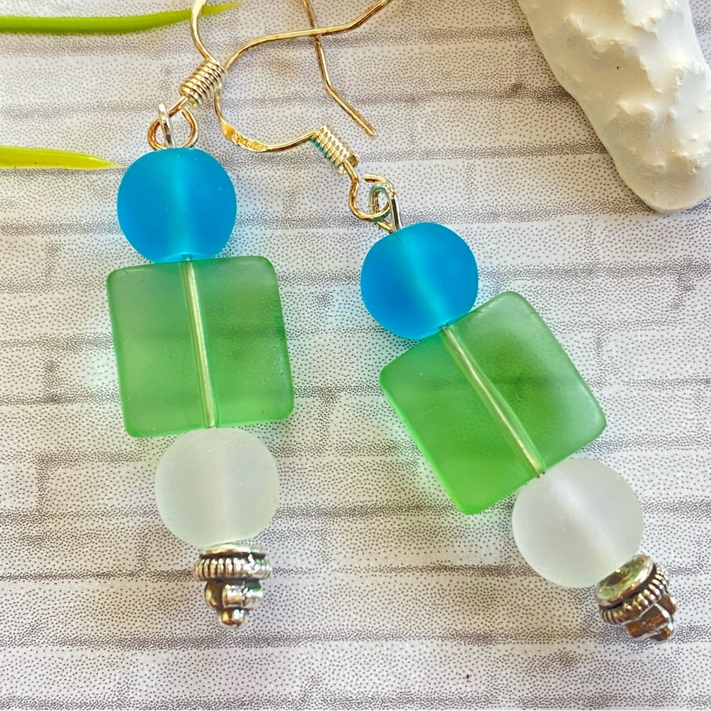 3/$25 Blue Green White Sea Glass Silver Earrings